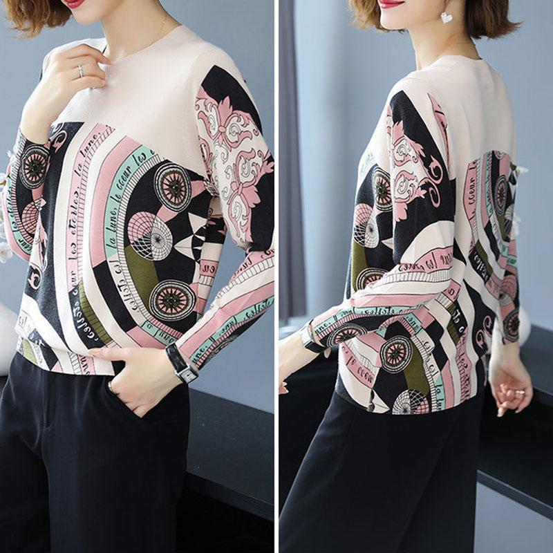 Ethnic Style Plus Size Printed Wool Sweater Ladies Thin Knit Bottoming Sweater O-neck Short Cashmere Sweater Jumper