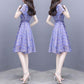 Pofulove S-3XL Women O-neck Chiffon Plaid Dress with Belt Slim Sexy Short-sleeved Long A-line Dress
