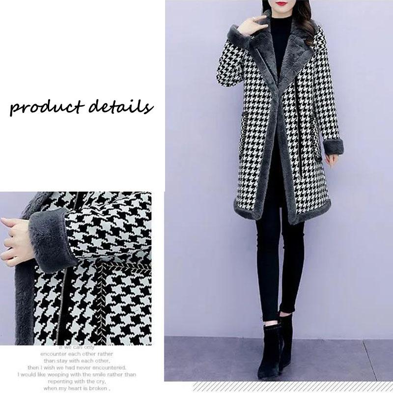 Winter Plus Cotton Thick Warm Woolen Plaid Lamb Wool Coat Jacket Women's Mid-length Plus Size Fat Thick Warm Cotton Coat Plus Velvet Coat