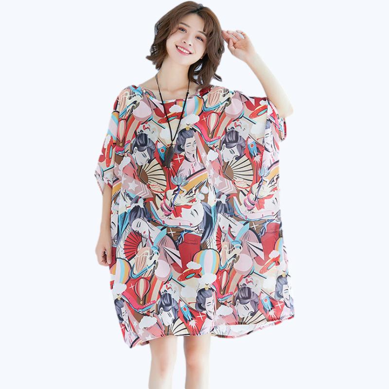 Printing  XL-XXXXXXL Summer Polyester Short-sleeved Knee-length A-line Dress
