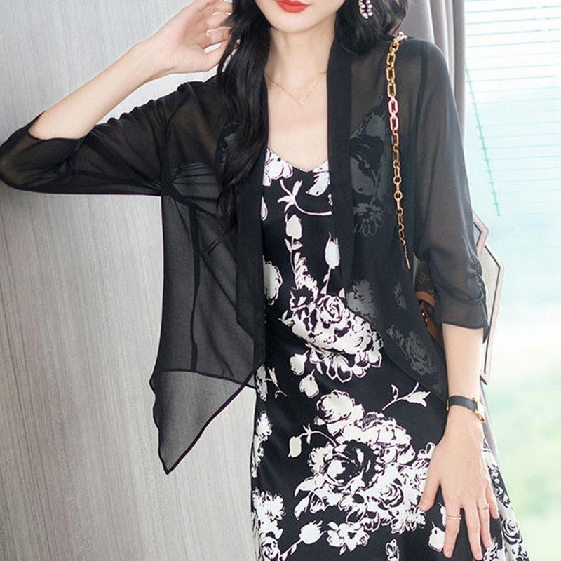 Chiffon Cardigan Short Jacket Women's Thin Outer Jacket Sun Protection Shawl Loose Top See-through Thin Coat Women Tops