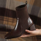 Thick-heel Martin Boots Women Spring and Autumn Square Toe Elastic Boots Leather Mid-tube Boots Chelsea Boots Single Boot