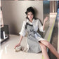 Women Shirt Dress Summer  Female Plus Size Slim Lace Plaid Stitching Midi Dress Elegant Dress with Sashes