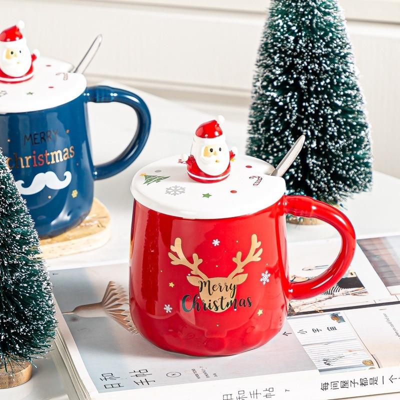 Christmas Mug  Pine Elk Printed Cartoon Water Bottle with Cover and Spoon  New Colorful Festival Household Ceramic Coffee Cup