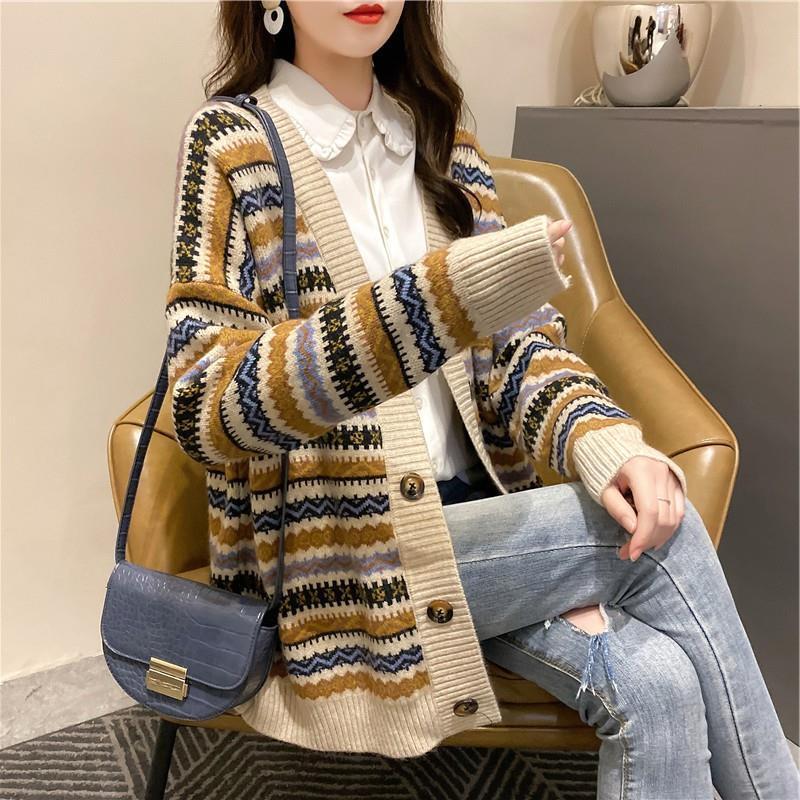 Autumn and Winter Retro Striped Knitted Sweater Loose Cardigan Large Size Blouse Elegant Jacquard Young and Middle-aged Ladies Jacket