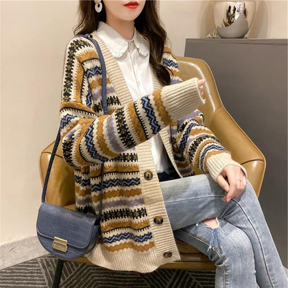 Autumn and Winter Retro Striped Knitted Sweater Loose Cardigan Large Size Blouse Elegant Jacquard Young and Middle-aged Ladies Jacket