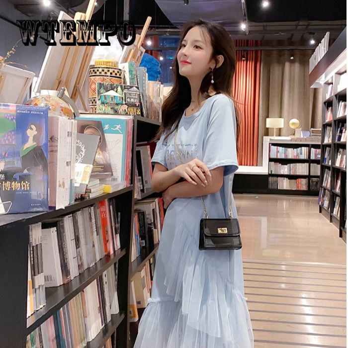 Women Mesh Patchwork Short Sleeve Ball Gown Elegant Casual A -Line Dresses O Neck Knee -Length Dress