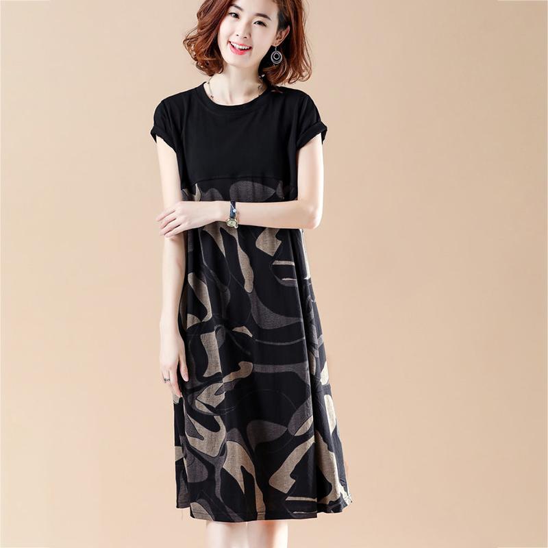 Large Size M-XXXXL Summer Printing Stitching Polyester Short-sleeved Knee-length A-line Dress