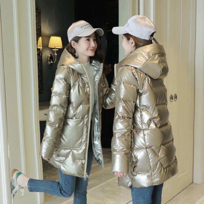 Winter Glossy Down Jacket Korean Thick Hooded Cotton Jacket Solid Color Disposable Mid-length Ladies Down Jacket