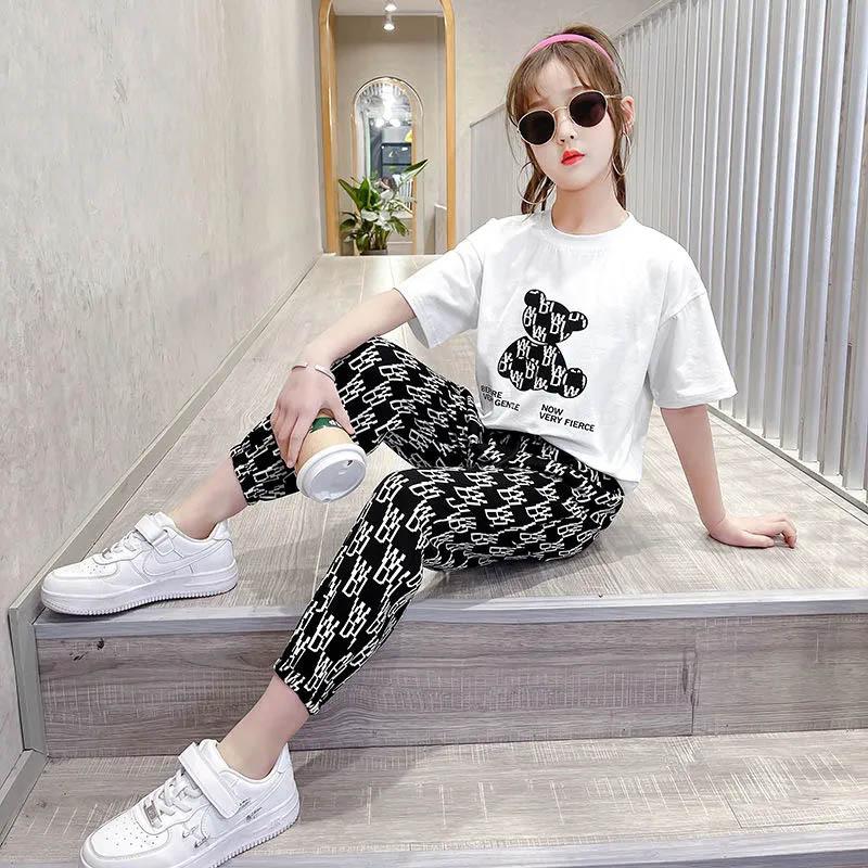 Girls' Sports Casual Loose Trousers Cartoon Pattern Short-sleeved Children's Summer Cool Sports Breathable Two-piece Set