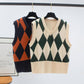 Diamond Check V-Neck Knitted Vest Women's Sweater Autumn and Winter Korean Loose Wild Sweater Vest Sleeveless Sweater
