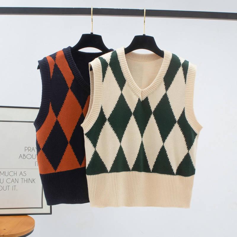 Diamond Check V-Neck Knitted Vest Women's Sweater Autumn and Winter Korean Loose Wild Sweater Vest Sleeveless Sweater