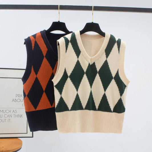 Diamond Check V-Neck Knitted Vest Women's Sweater Autumn and Winter Korean Loose Wild Sweater Vest Sleeveless Sweater