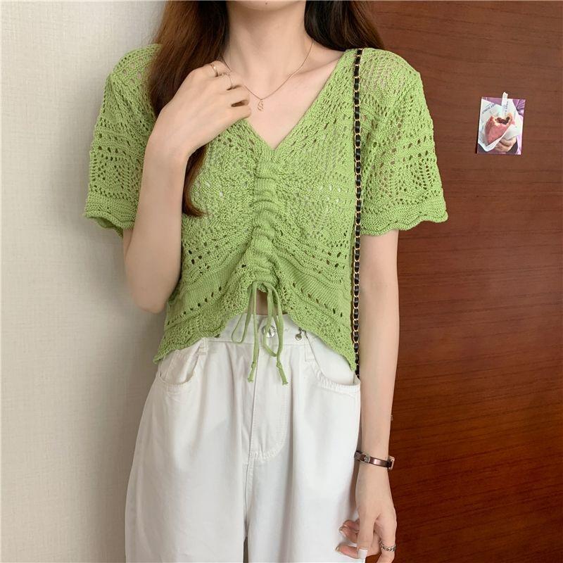 Hollow Knitted Sweater Summer Scheming Thin Short-sleeved Shirt Women's Top Korean Style Drawstring V-neck Short T-shirt Female Pullover Sweater Tee