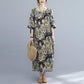 WTEMPO Printing Cotton and Linen Plus Size Ladies Dress Summer 1/2 Sleeve Round Neck Long Dress Casual Full Length