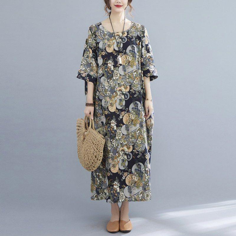 WTEMPO Printing Cotton and Linen Plus Size Ladies Dress Summer 1/2 Sleeve Round Neck Long Dress Casual Full Length