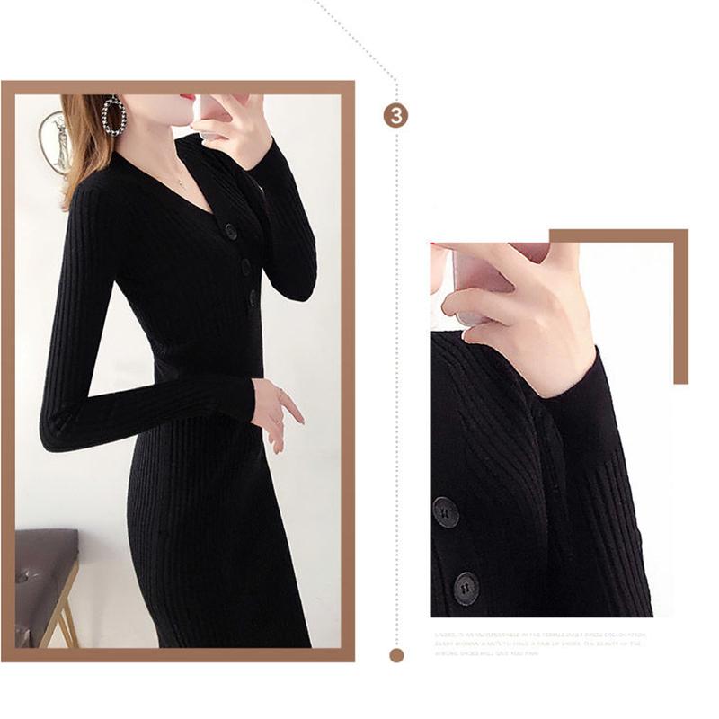 Autumn and Winter Fashion Padded Sweater Skirt Mid-length Over The Knee V-neck Knitted Dress Slim Inner Base Bag Hip Skirt