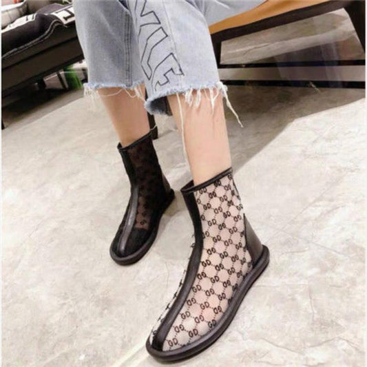 Eugen Gauze Letter Printed Sandals Martin Boots Motorcycle Boots Flat Shoes Breathable Women's Shoes