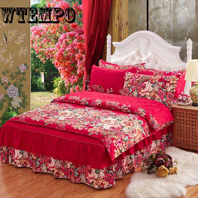 Lace Bed Skirt Set Pillowcases Winter Bedding Set Full Queen King Size Mattress Bed Cover Set