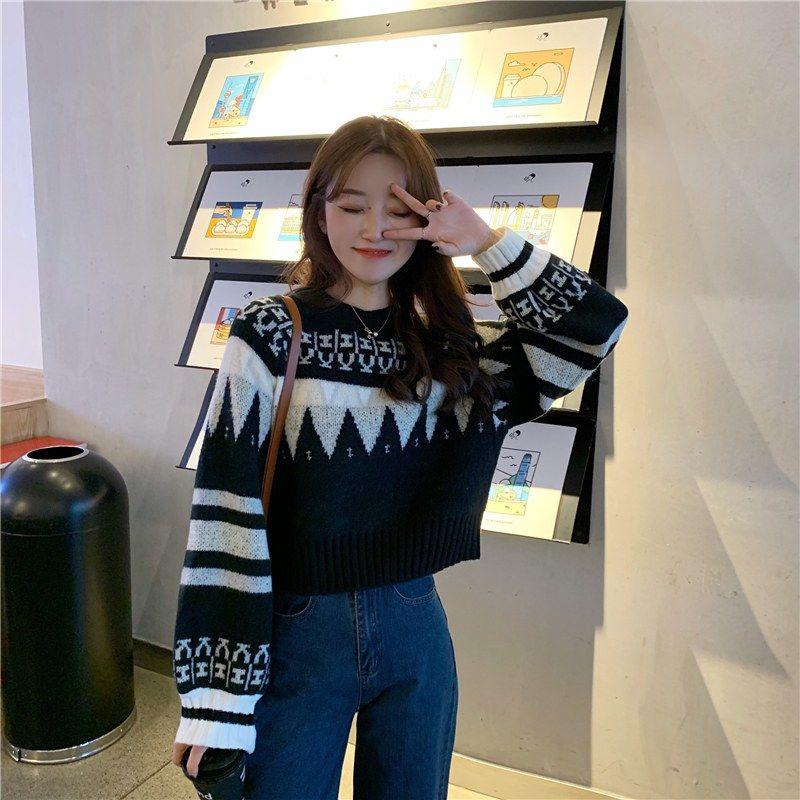 Autumn Winter Women  Fashion Sweater Casual Knitting Sweater Jacquard Round Neck Pullovers Loose Casual Long Sleeve Sweater