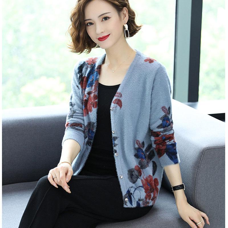 Autumn Winter Artificial Mink Cashmere Printed Knitted Cardigan Women's Short Sweater Coat Long-sleeved Loose Knitted Jacket