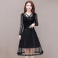 Spring and Summer Black V-neck Lace Stitching Dress Mesh Large Size Waist Skirt A-line Dress Covering Belly Mid Skirt
