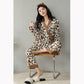 Women's Leopard-print Cotton Pajamas Set V-neck Long-sleeves Pyjama Set Japanese Kimono House Wear Loose Top Pants Two-piece Set