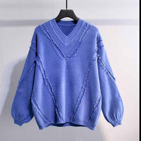 Pofulove Long Sleeve Tassel Sweater Solid Color V-neck Loose Thicken Bottoming Knitwear Jumper Top