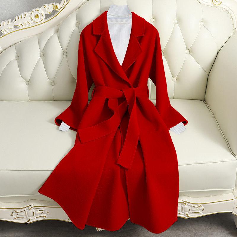 Women's Fashion Plus Size Quality Windbreaker Autumn and Winter Lantern Sleeves Waist Mid-length Thick Coat