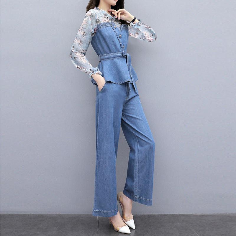 Suit Denim Wide Leg Pants Suit Women Autumn Two-piece Autumn 2021