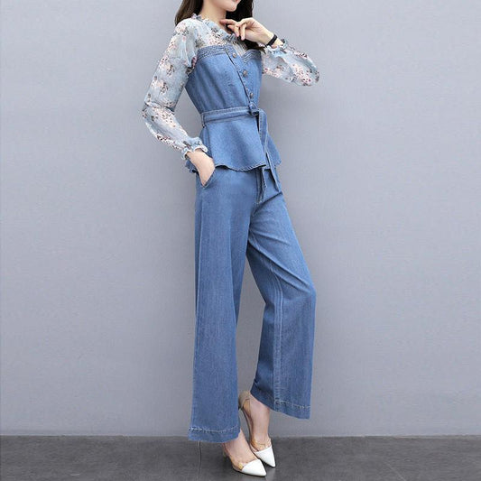 Suit Denim Wide Leg Pants Suit Women Autumn Two-piece Autumn 2021
