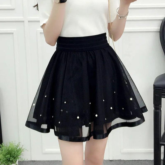Flower Embroidered Lace Short Skirt Women's Elastic Waist All Match Puff Skirt Summer Mesh A-line Skirt High Waist Skirt