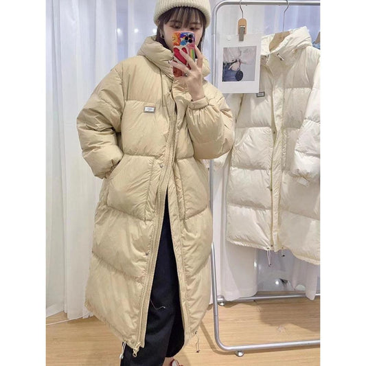 Korean Version of Simple and Versatile Small Hooded Down Jacket Women's Long Over-the-knee White Duck Down Warm and Thin Coat In Winter