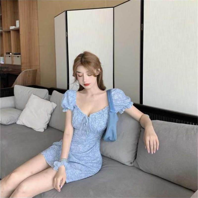 Summer Tight-fitting Short Skirt French Retro Floral Square Collar Waist Floral Skirt Female Puff Sleeve Dress