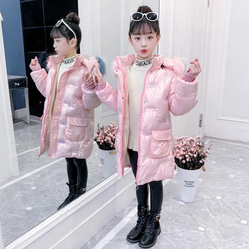 Girls' Winter Coat Plus Velvet Thick Mid-length Cotton Jacket Glossy No-wash Windproof and Warm Quilted Jacket