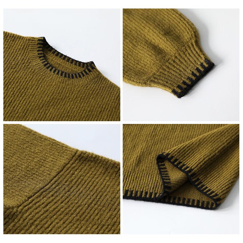 Large Size Knitted Sweater Women Autumn and Winter Loose and Lazy Retro Hit Color Pullover Round Neck Sweater