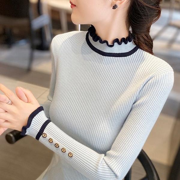 Women's Knitted Bottoming Shirt In Autumn and Winter To Wear Slim and Thin Half Turtleneck Sweater with Wood Ears Thick Western Style Sweater Top