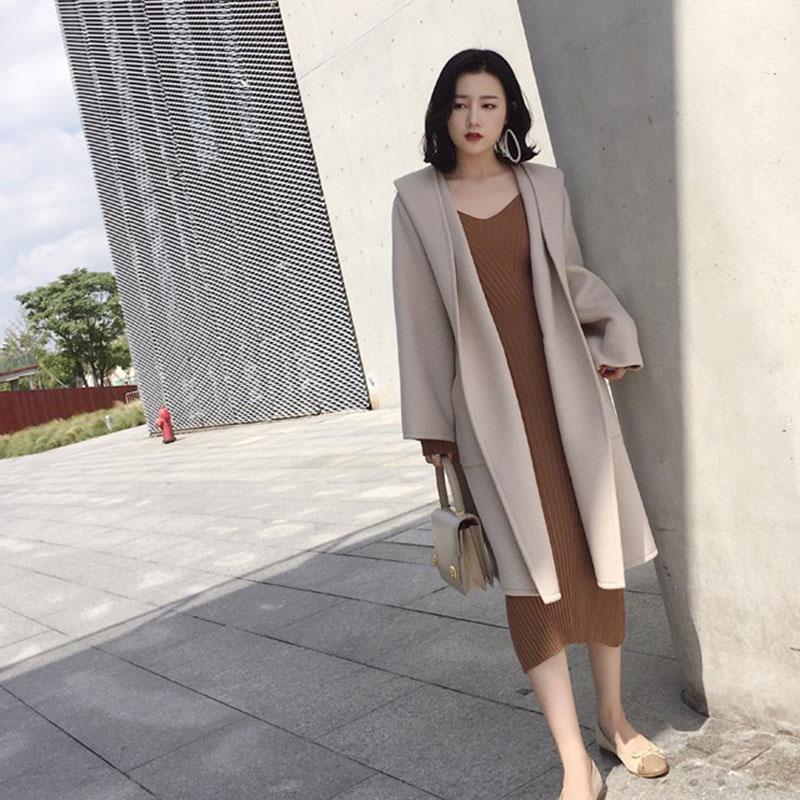 Autumn and Winter V-neck Slim Bottoming Shirt Knitted Long Dress Long Sleeve Mid-length Female Sweater Dress
