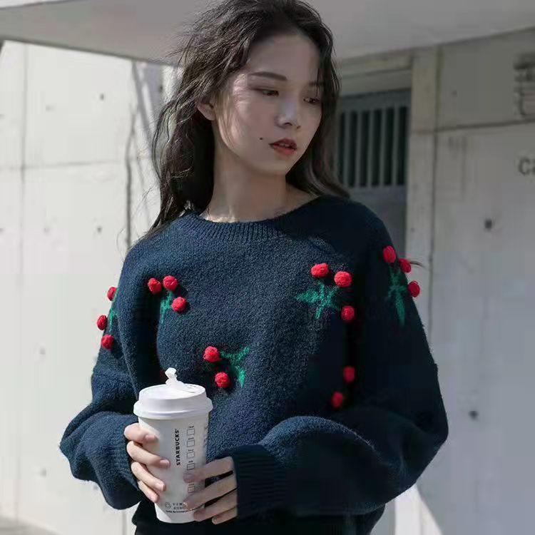 Autumn and Winter Women's Sweater Korean Loose Round Neck Pullover Retro Cherry Pattern Top