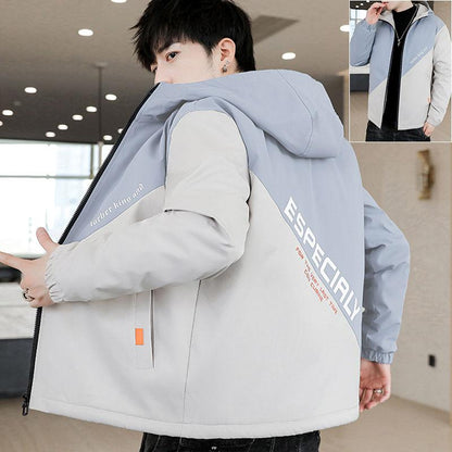 Thin Spring and Autumn Jacket Men's Handsome Loose Hooded Work Jacket Men's Temperament Short Long-sleeved Warm Zipper Jacket