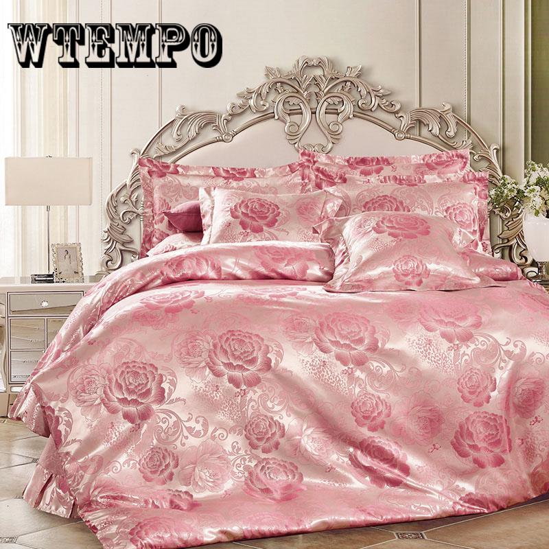 4pcs Luxury Jacquard Bedding Set Queen Size 4pcs Bed Linen Cotton Duvet Cover Lace Satin Bed Sheet