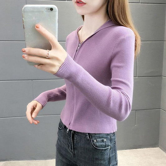 Spring and Autumn Knitted Cardigan Sweater Short Hooded Slim Top Solid Color Zipper Female Jacket