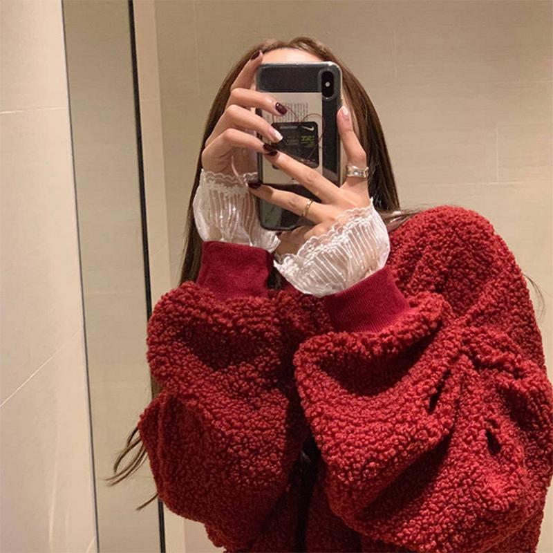 Pofulove Weater Women Loose Coat Winter Fake Two Lace Christmas Plus Velvet Thickened Lamb Sweater S