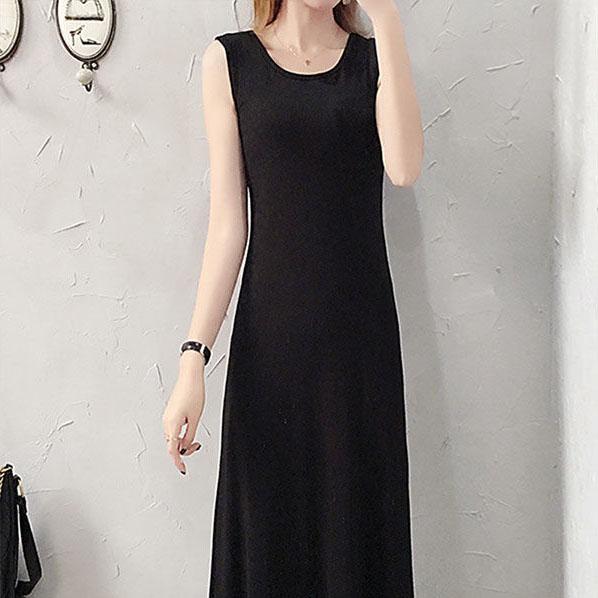 Women's Summer Simple and Elegant Sleeveless Floor Long Slim Black Vest with A-line Dress