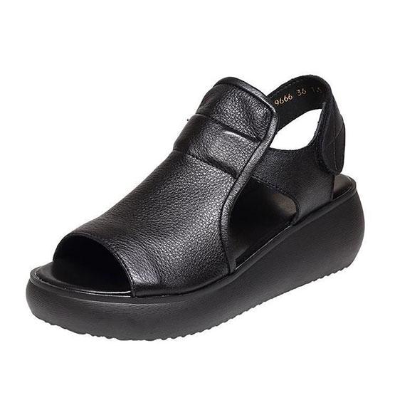 Real Soft Leather Roman Sandals Women's Summer Hollow Out Soft Bottom Non-slip Wear-resistant Black Cool Shoes