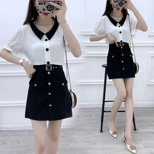 Suit Temperament Long-sleeved Color-blocking Chiffon Shirt High-waist A-line Skirt Two-piece Female V-neck Long-sleeved Shirt + Mini A-line Skirt