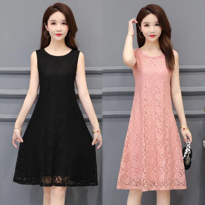 Women Sleeveless Long Skirt Casual Lace Dress Slim Temperament Bottoming Skirt for Youth Summer