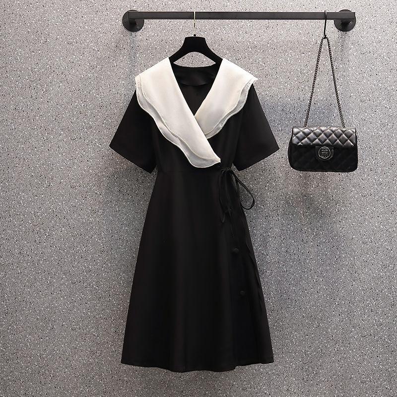Dress Women's Summer Large Size Lapel Temperament V-neck Ruffled French Hepburn Dress
