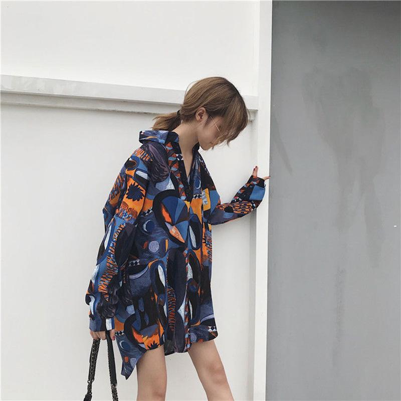 Geometric Print Women Dress Girl Loose O-Neck Casual Long T-shirt Dress Loose Home Comfort Outer Convenient