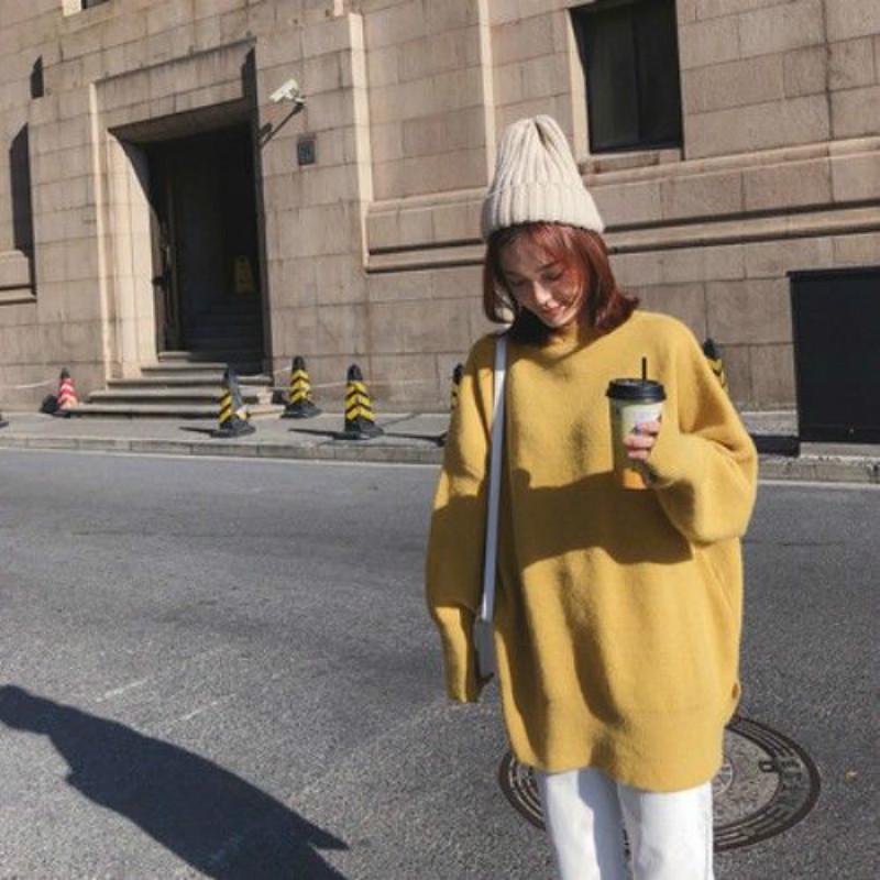 Pofulove lazy wind pullover sweater women autumn and winter loose students mid-length sweater